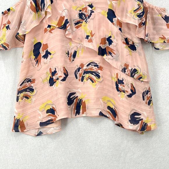 TANYA TAYLOR Chiara Silk Cold Shoulder Top Womens 4 Pink Abstract Floral Ruffle - Picture 7 of 16